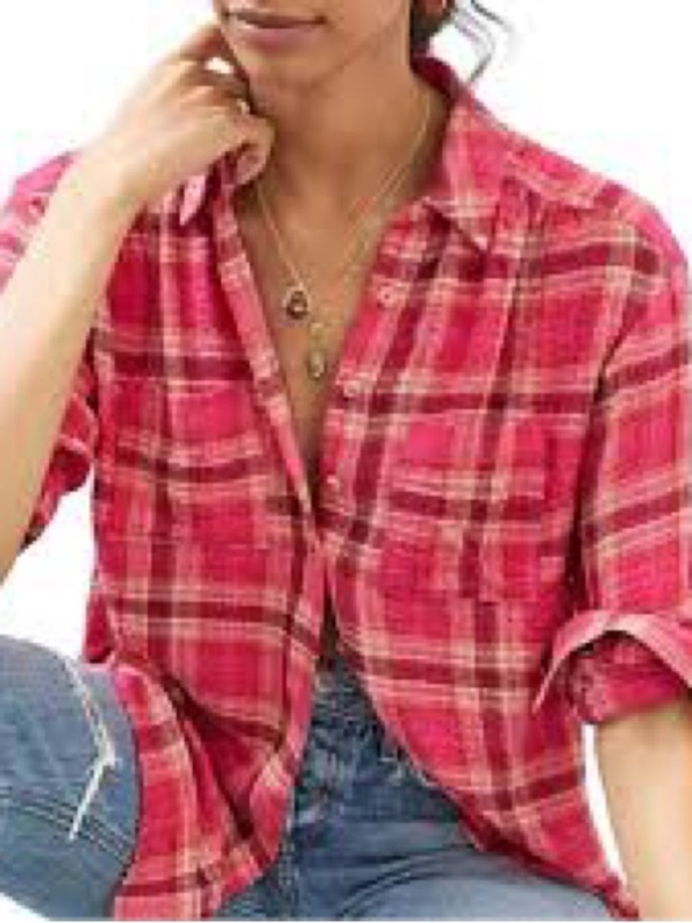Anthropologie Pilcro seamed plaid button down shirt shades of pink, red Casual